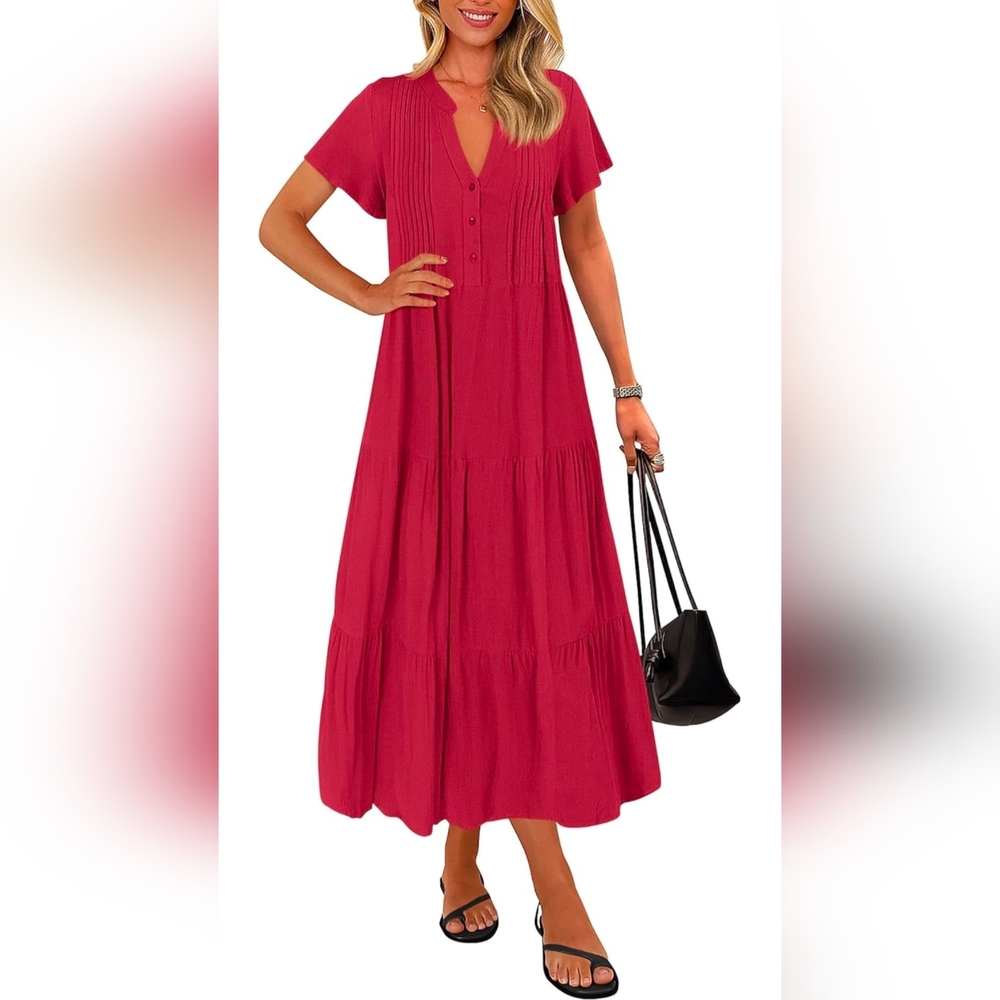 KIRUNDO Summer Maxi Dresses for Women 2025 Spring Fashion Short Sleeve Button V